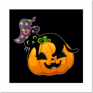 Lazy Black Cat Pumpkin Wear Witch Hat For Halloween 2021 Posters and Art